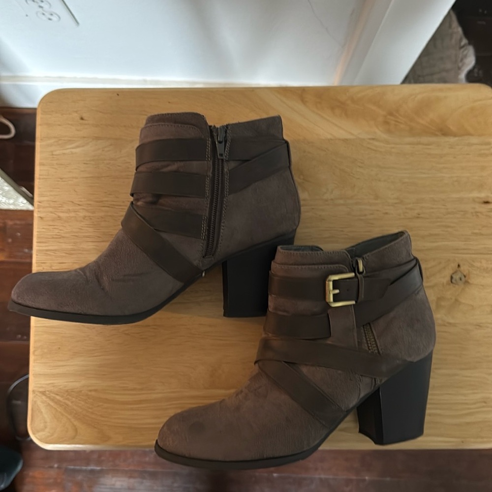 Fergalicious by Fergie Sueded & Leather Strap Chunky Heeled Booties Size 10